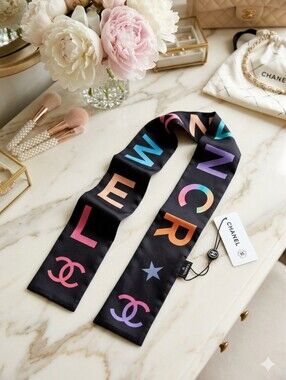 CHANEL Black Silk Logo Twilly with Multicolor Lettering